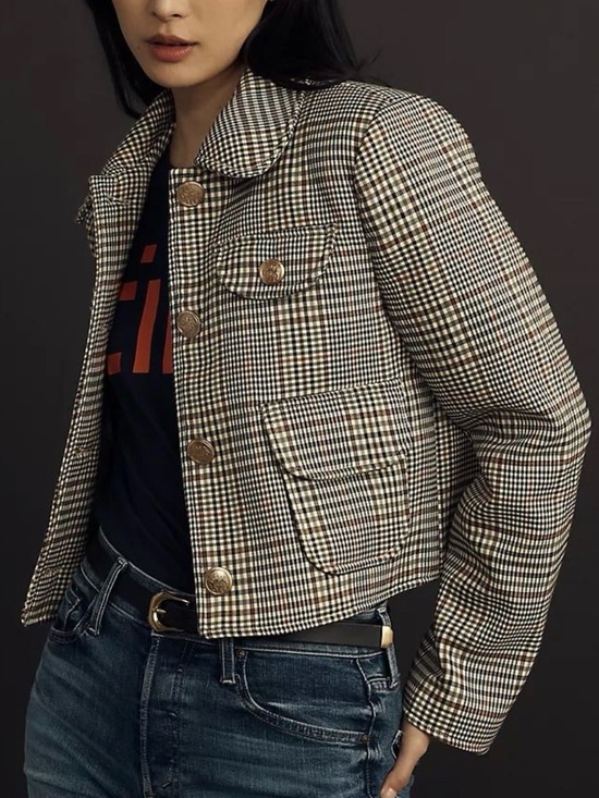 7 For All Mankind Jackets & Blazers - 7 For All Mankind / Cropped Plaid Jacket Gold Buttons / brown